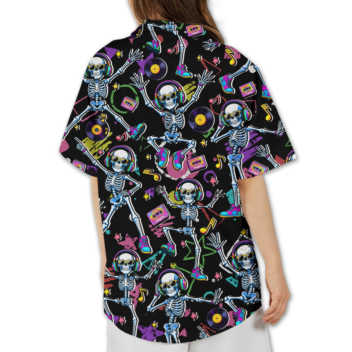 Retro halloween hawaiian shirt with neon dancing skeletons, third back view