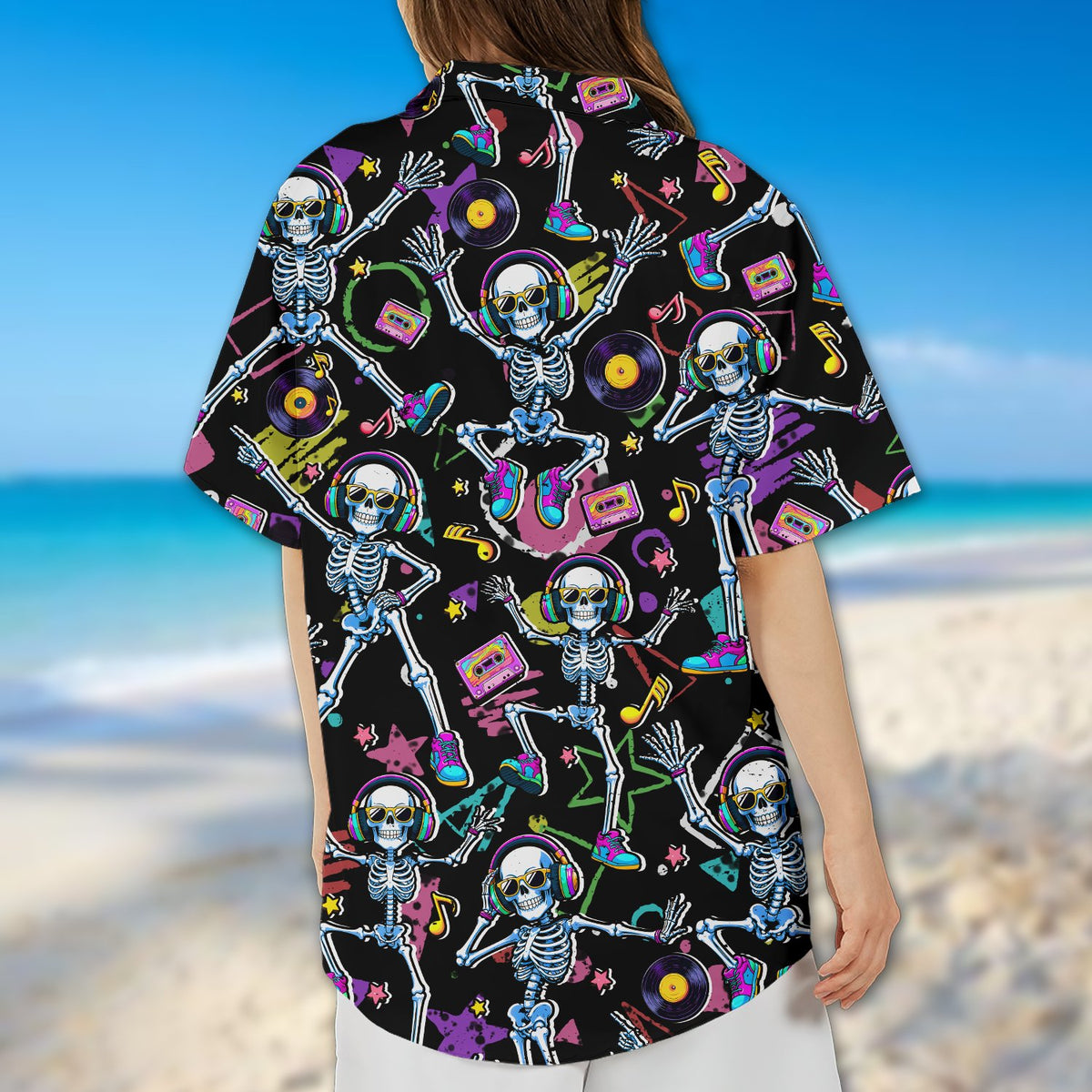 Retro halloween hawaiian shirt with neon dancing skeletons, back view