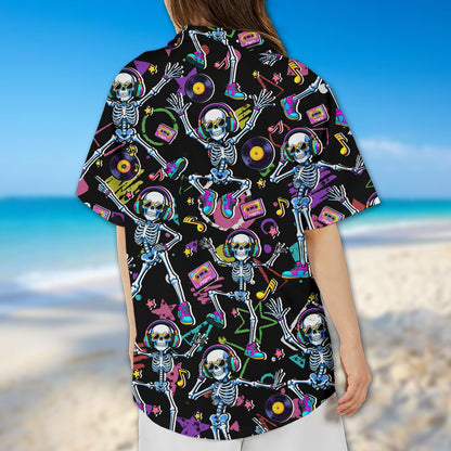 Retro halloween hawaiian shirt with neon dancing skeletons, back view