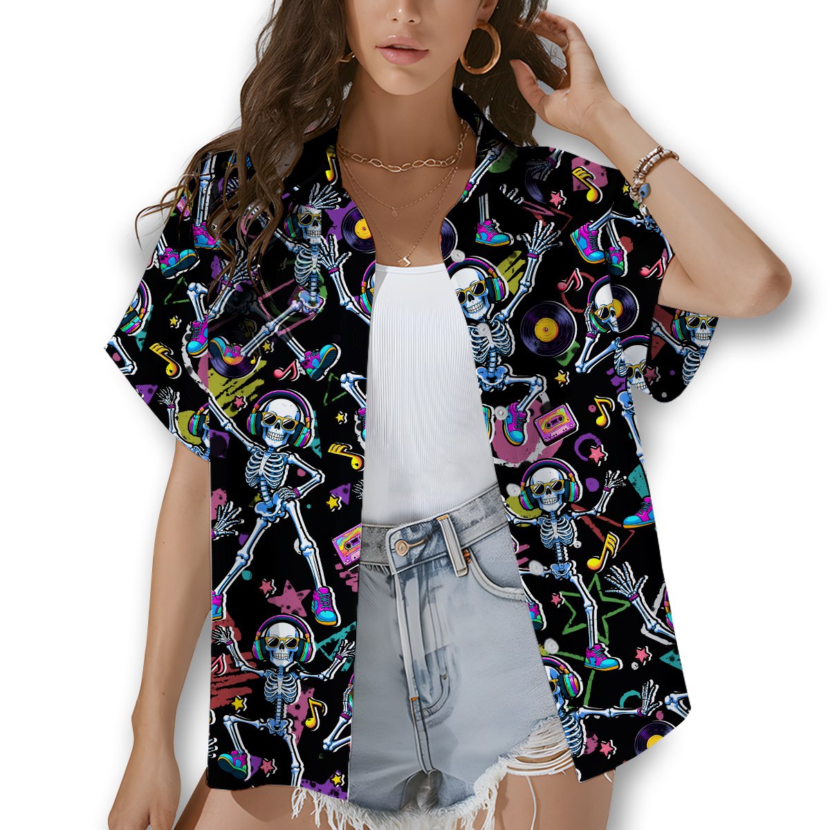 Retro halloween hawaiian shirt with neon dancing skeletons, lifestyle view