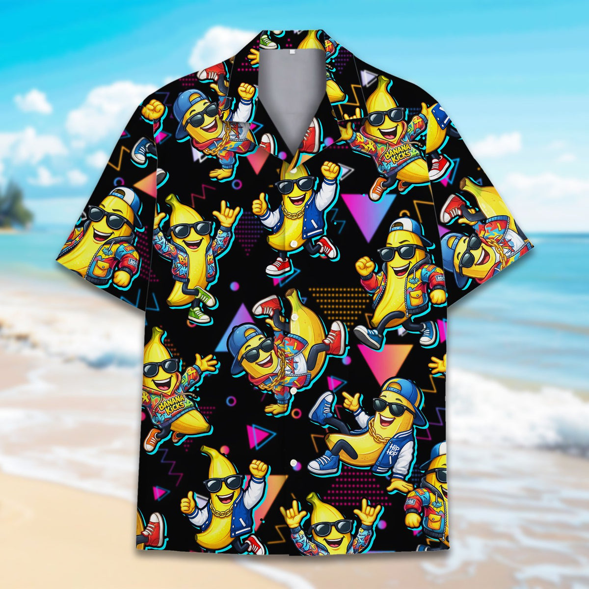 Retro hip hop hawaiian shirt close up, front view