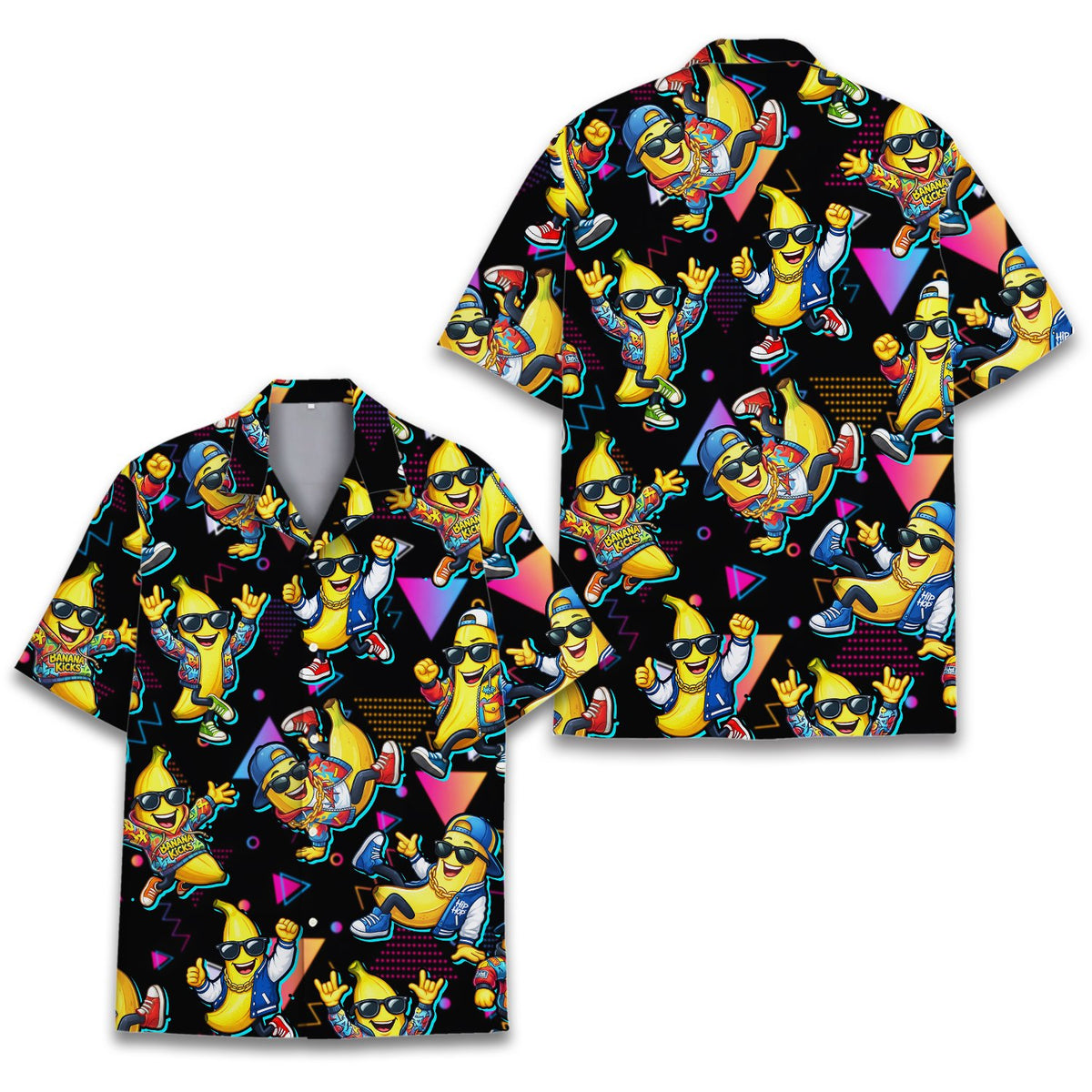 Matching family hawaiian shirts in black and neon, front view