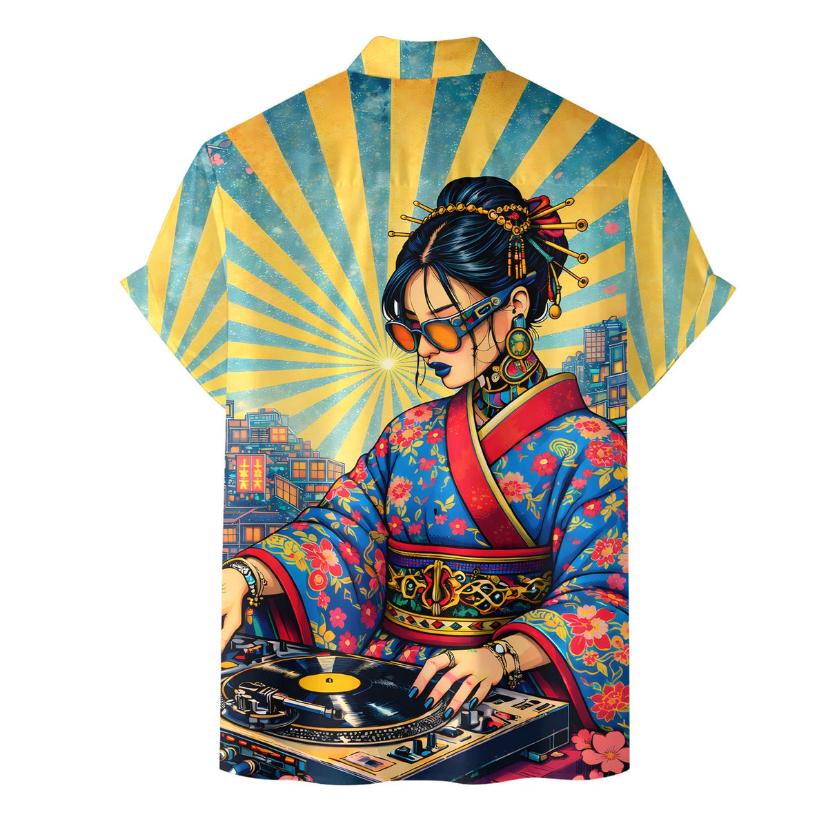 Back view of the Hawaiian shirt with vibrant yellow, blue, and red details