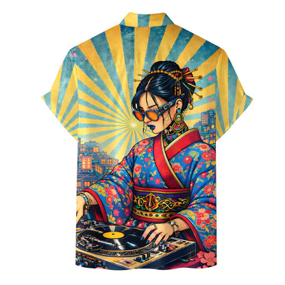 Back view of the Hawaiian shirt with vibrant yellow, blue, and red details