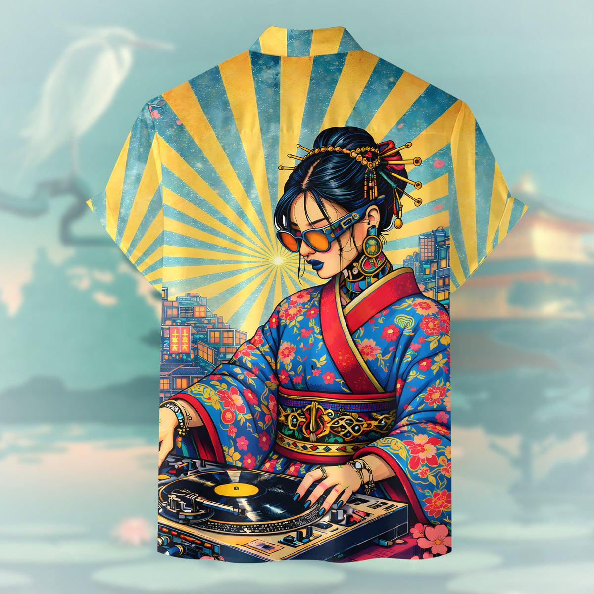 Detailed back view of the retro Japanese DJ matching family shirt
