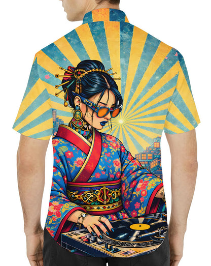 Back view of the retro Japanese DJ Hawaiian shirt showing the sunburst cityscape pattern
