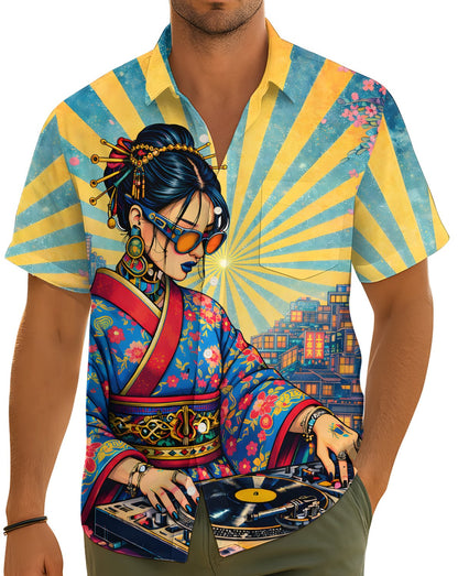 Front view of the matching family Hawaiian shirt with retro DJ illustration