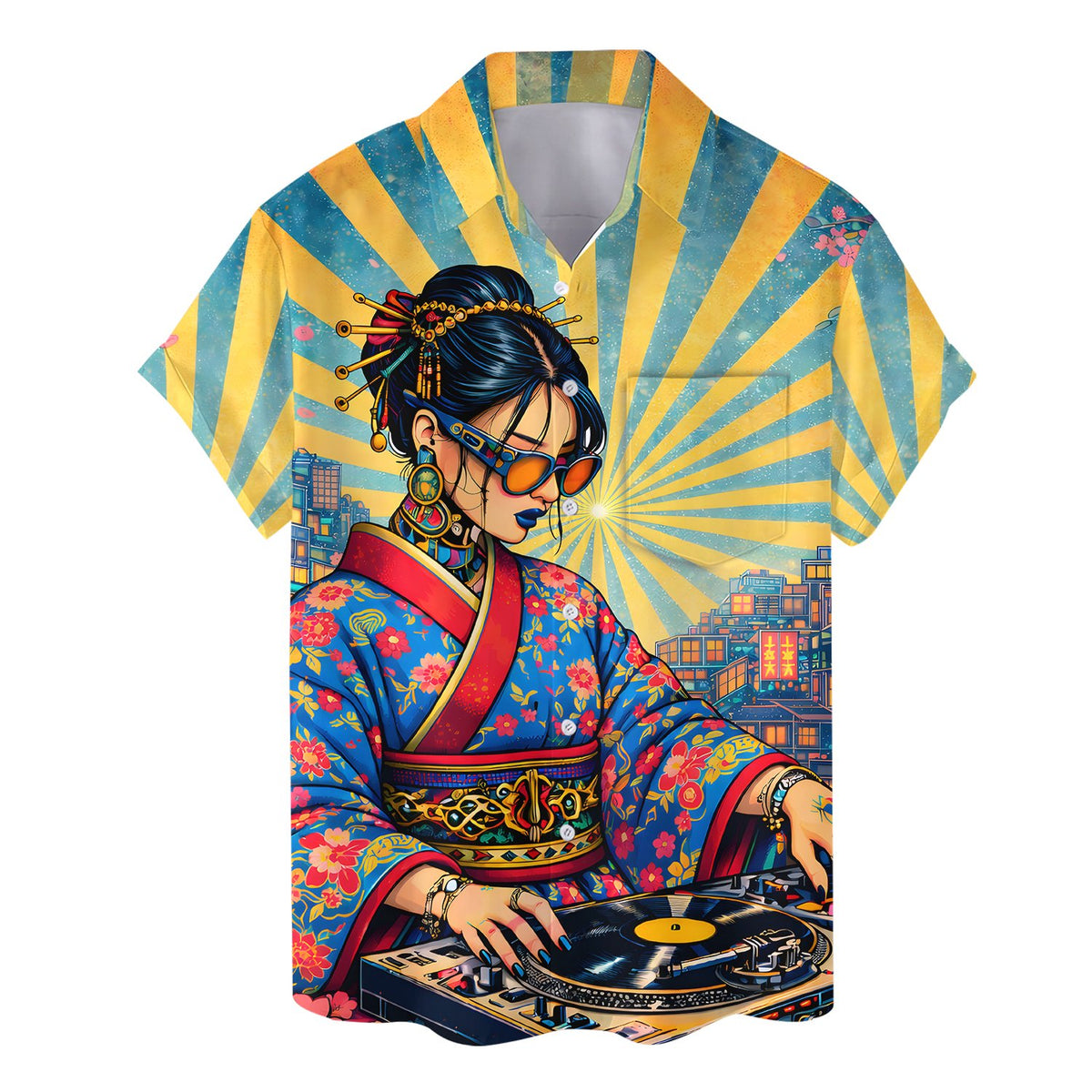Another front view showcasing the bold kimono DJ design on the Hawaiian shirt