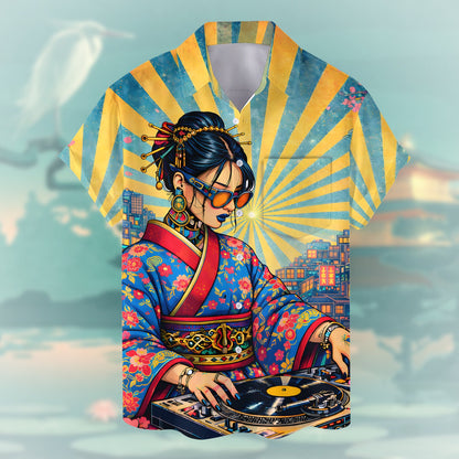 Detailed front view of the retro Japanese DJ button-down shirt