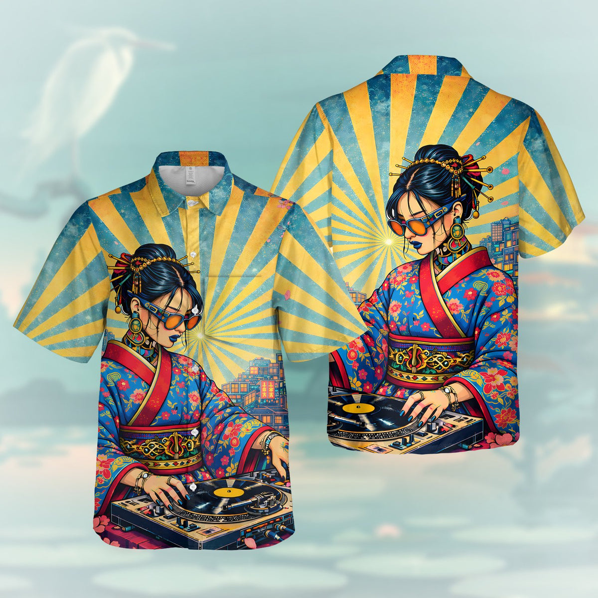 Retro japanese dj hawaiian shirt featuring a woman in a kimono playing a turntable, main view