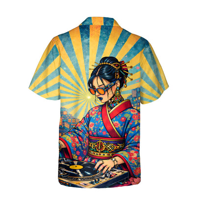 Lifestyle view of a person wearing the retro Japanese DJ Hawaiian shirt