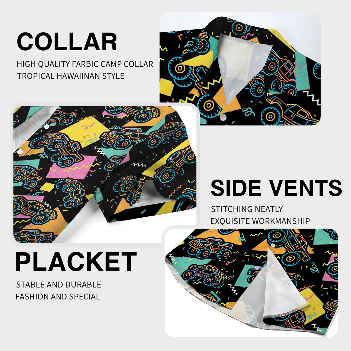 Close-up detail of the 90s abstract geometric pattern on the hawaiian shirt