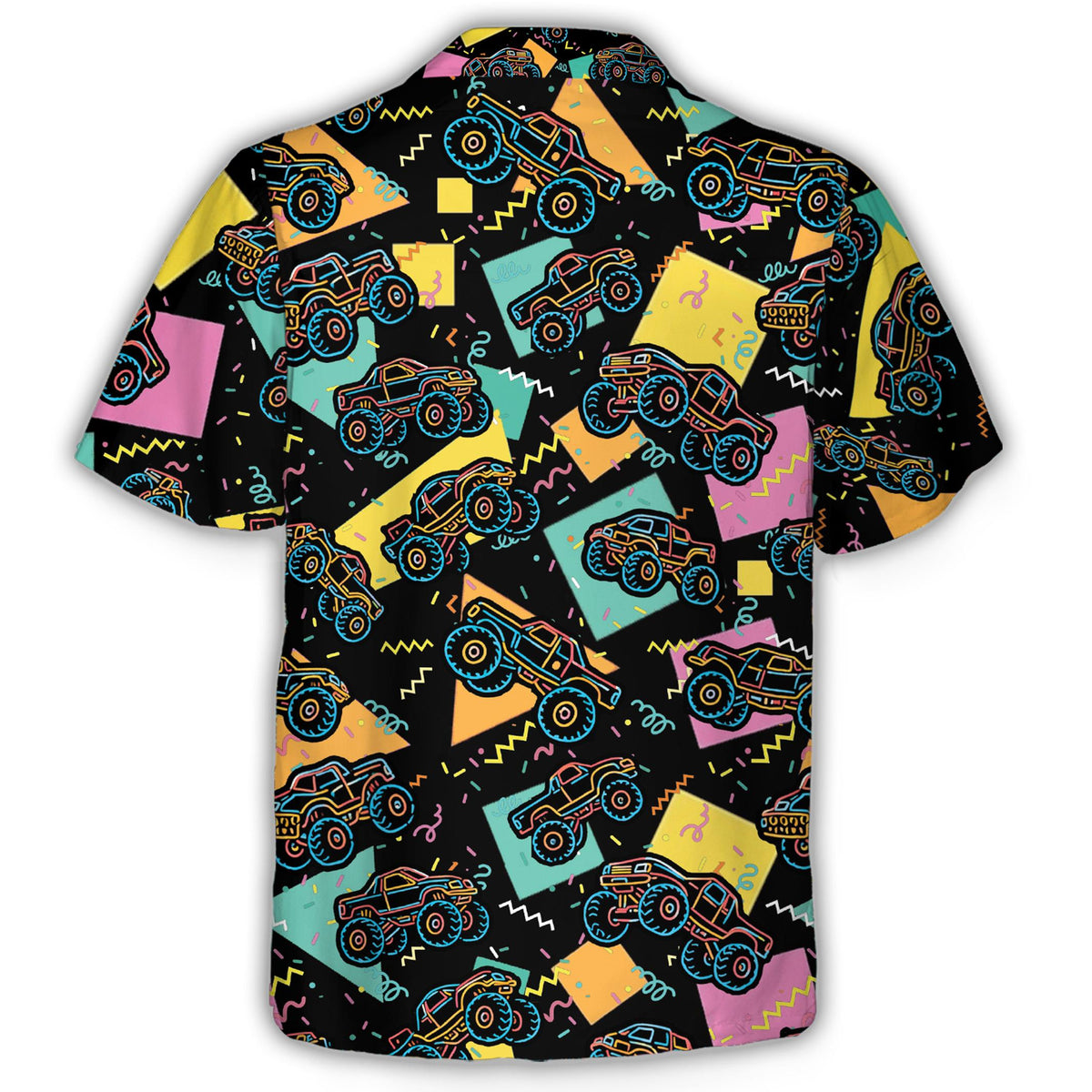 Back view of the retro monster truck hawaiian shirt