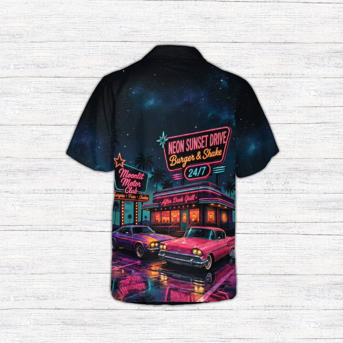 Back view of the retro diner patterned hawaiian shirt