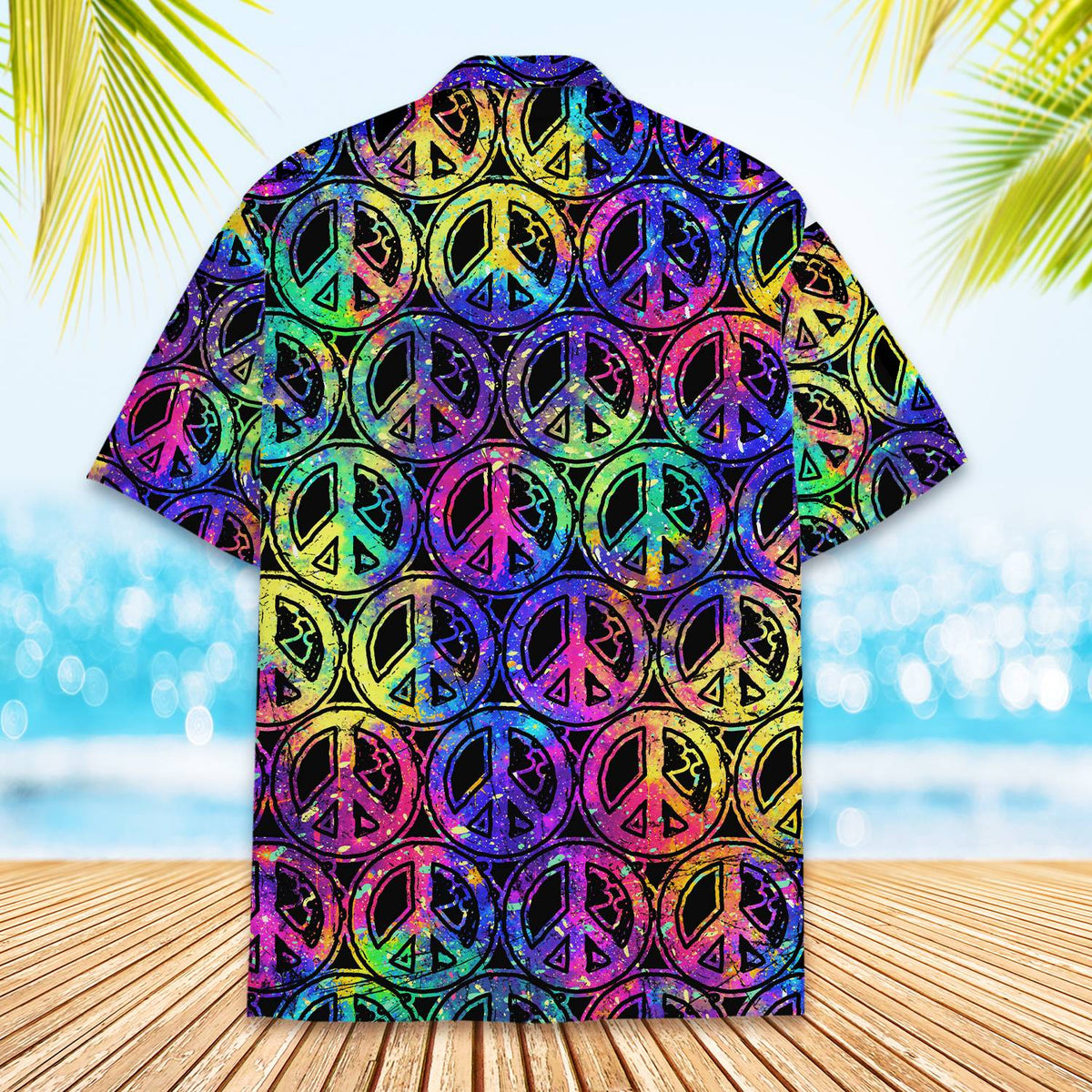Detailed back view of the retro hawaiian shirt showing the splatter effect