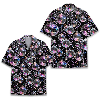 Black retro hawaiian shirt with silver and purple disco balls, alternate back view