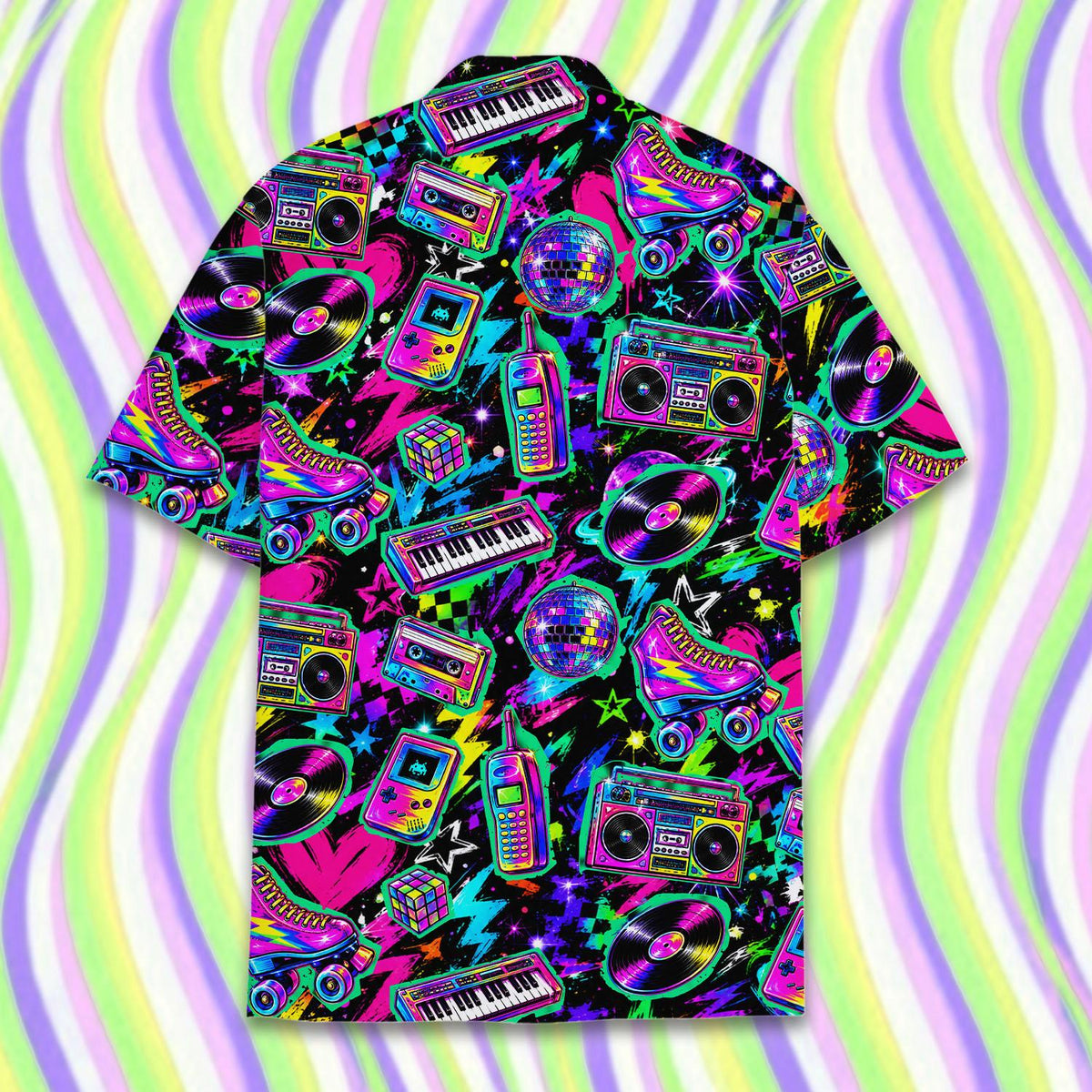 Back detail view showing the vibrant pink, blue, yellow, and green retro pattern