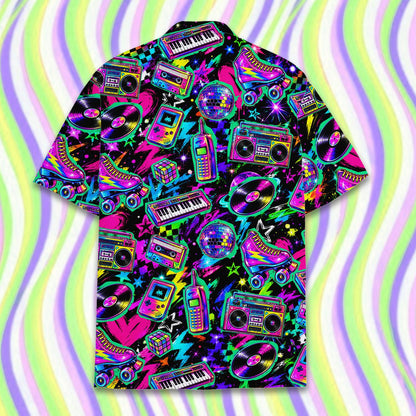 Back detail view showing the vibrant pink, blue, yellow, and green retro pattern