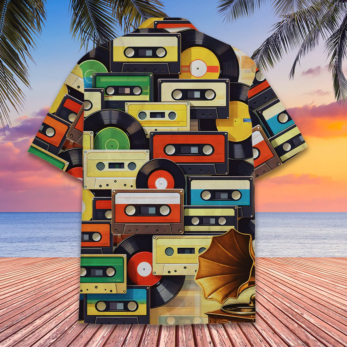 Detailed back view of the retro music cassette hawaiian shirt