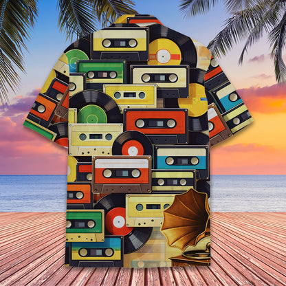 Detailed back view of the retro music cassette hawaiian shirt