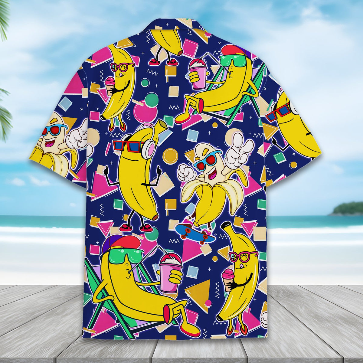 Detailed back view of the vibrant summer banana print hawaiian shirt