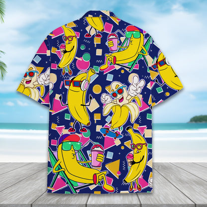 Detailed back view of the vibrant summer banana print hawaiian shirt