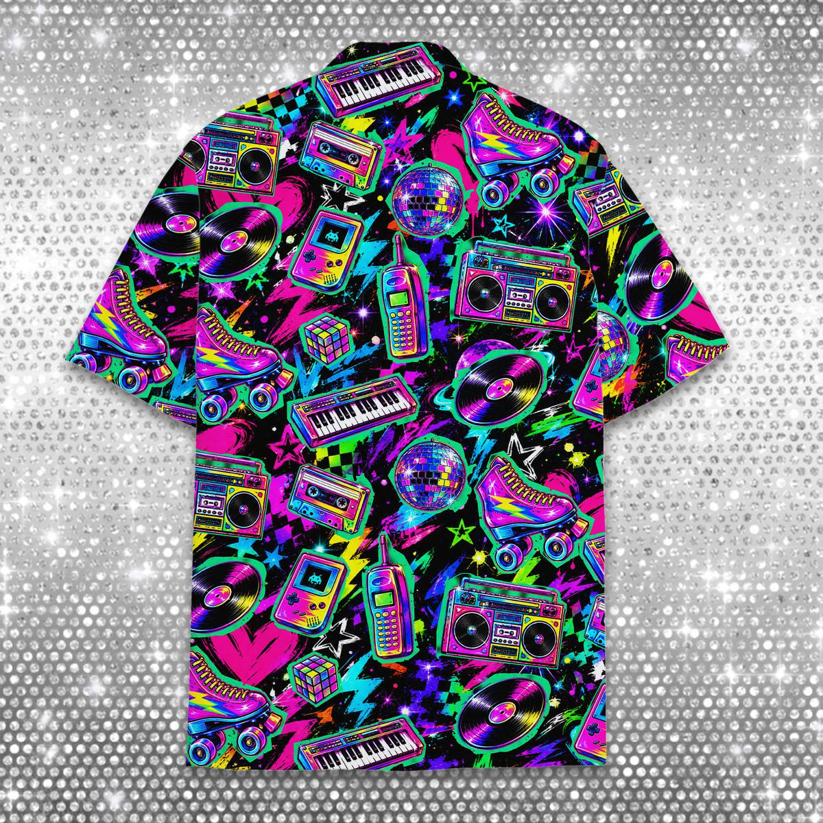 Full back flat lay view of the black retro Hawaiian shirt