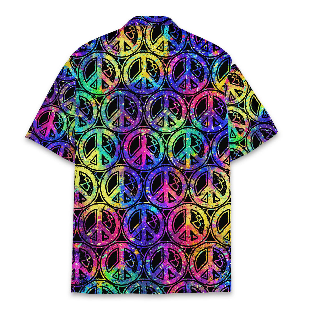 Back view of the colorful abstract peace sign hawaiian shirt