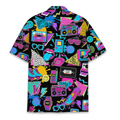 Back view of the retro hawaiian shirt displaying roller skates and video game controllers