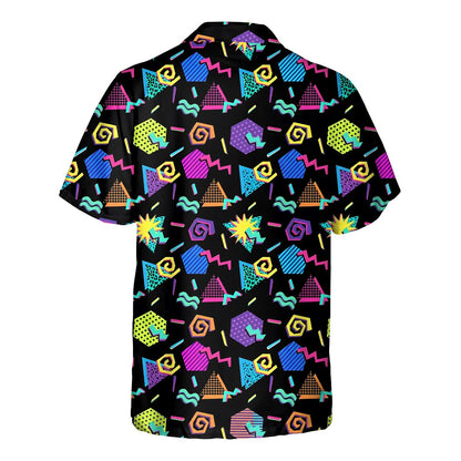 Back view of the retro hawaiian shirt showing colorful triangles and grids