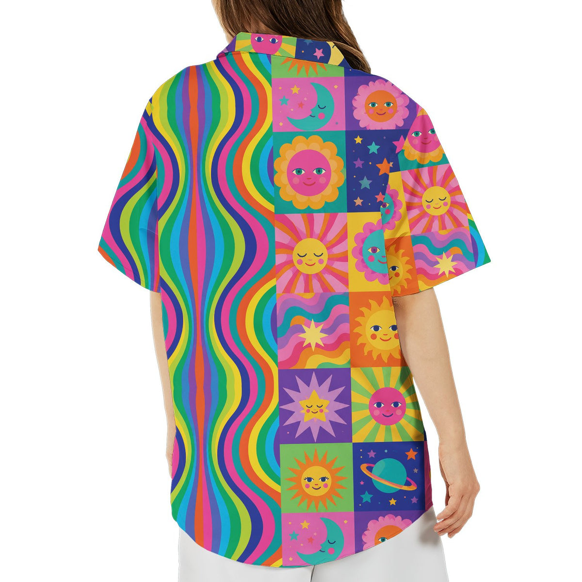 Back view of the retro hawaiian shirt displaying the bold abstract pattern