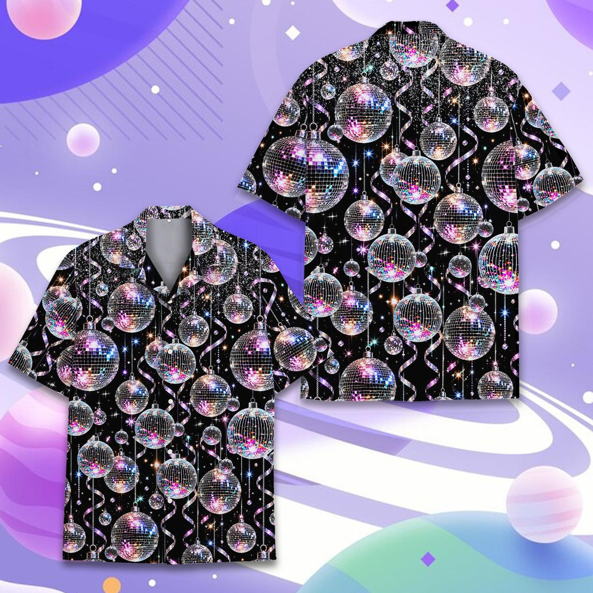Black retro hawaiian shirt with silver and purple disco balls, full back view