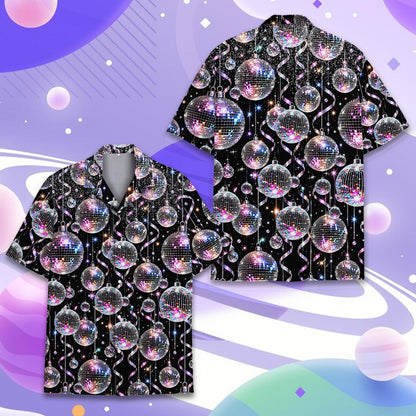 Black retro hawaiian shirt with silver and purple disco balls, full back view