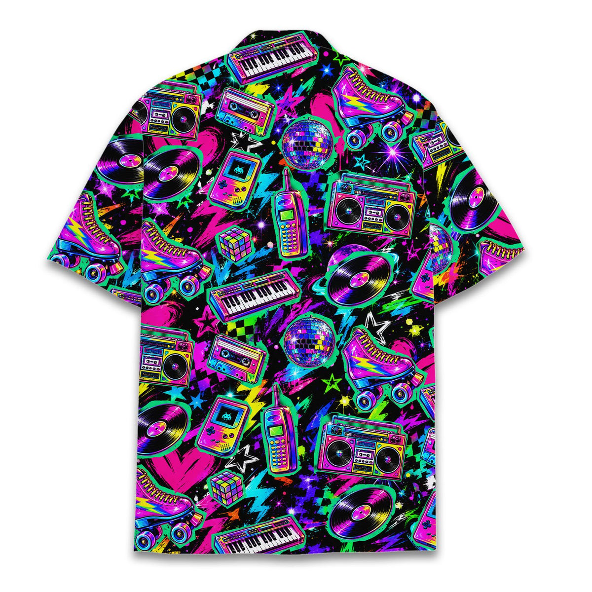 Back view of the matching family Hawaiian shirt with neon retro print