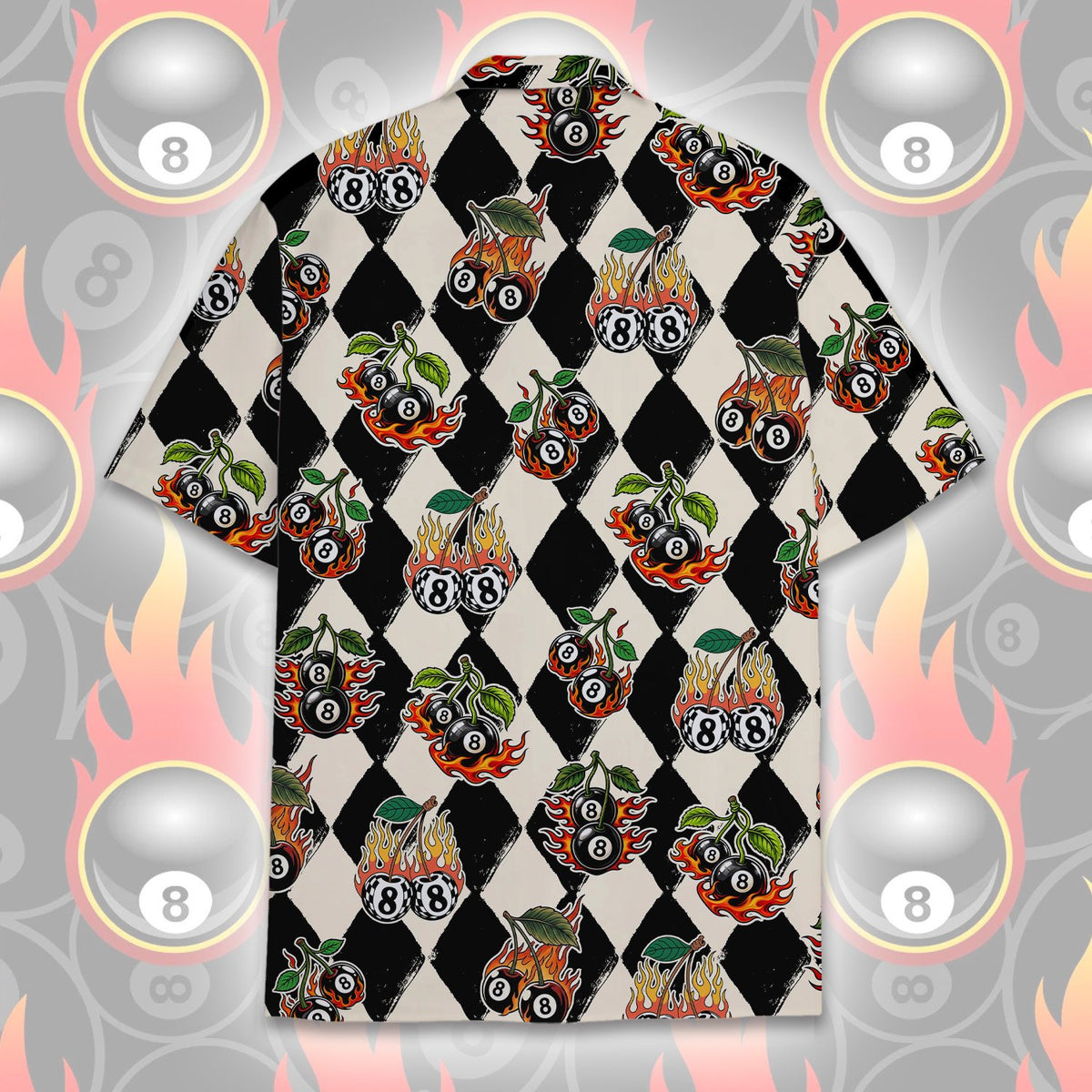Back view of the 8-ball flaming cherries hawaiian shirt