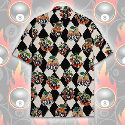 Back view of the 8-ball flaming cherries hawaiian shirt