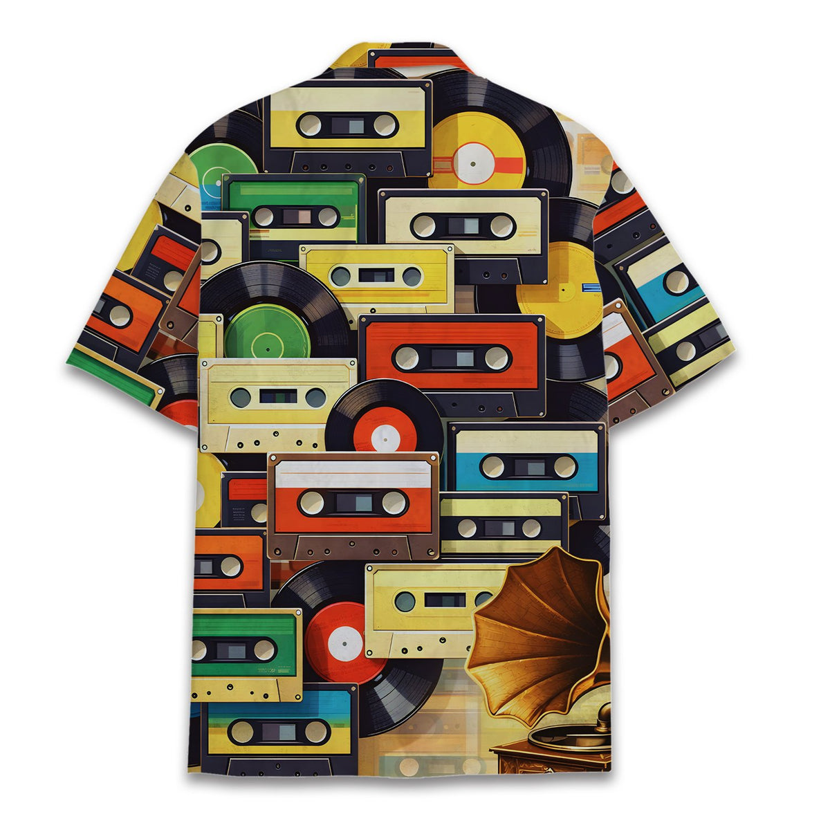 Back view of the matching family hawaiian shirt displaying the retro music pattern