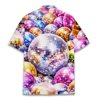 Back view of the vibrant multicolor disco ball hawaiian shirt
