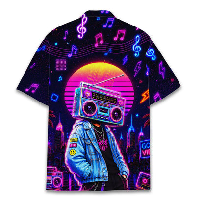 Back view of the retro neon boombox family hawaiian shirt