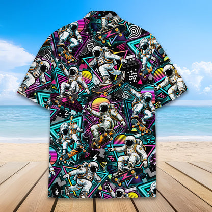 Back view of the black retro hawaiian shirt with astronaut skateboarding
