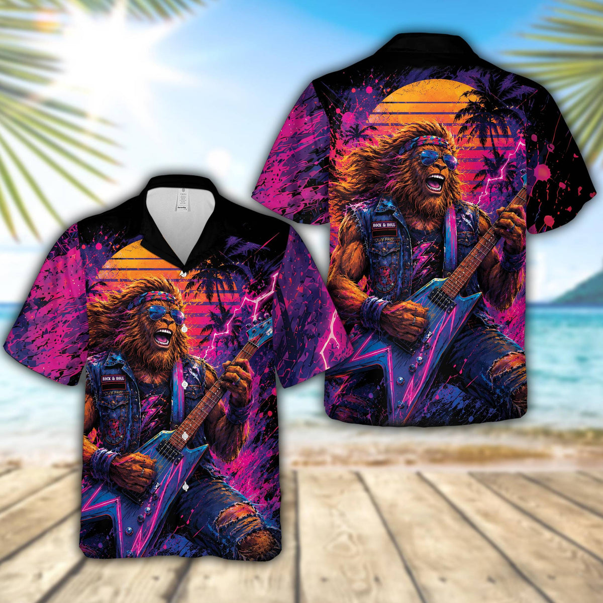 Main view of the purple retro hawaiian shirt featuring a synthwave guitar wolf design