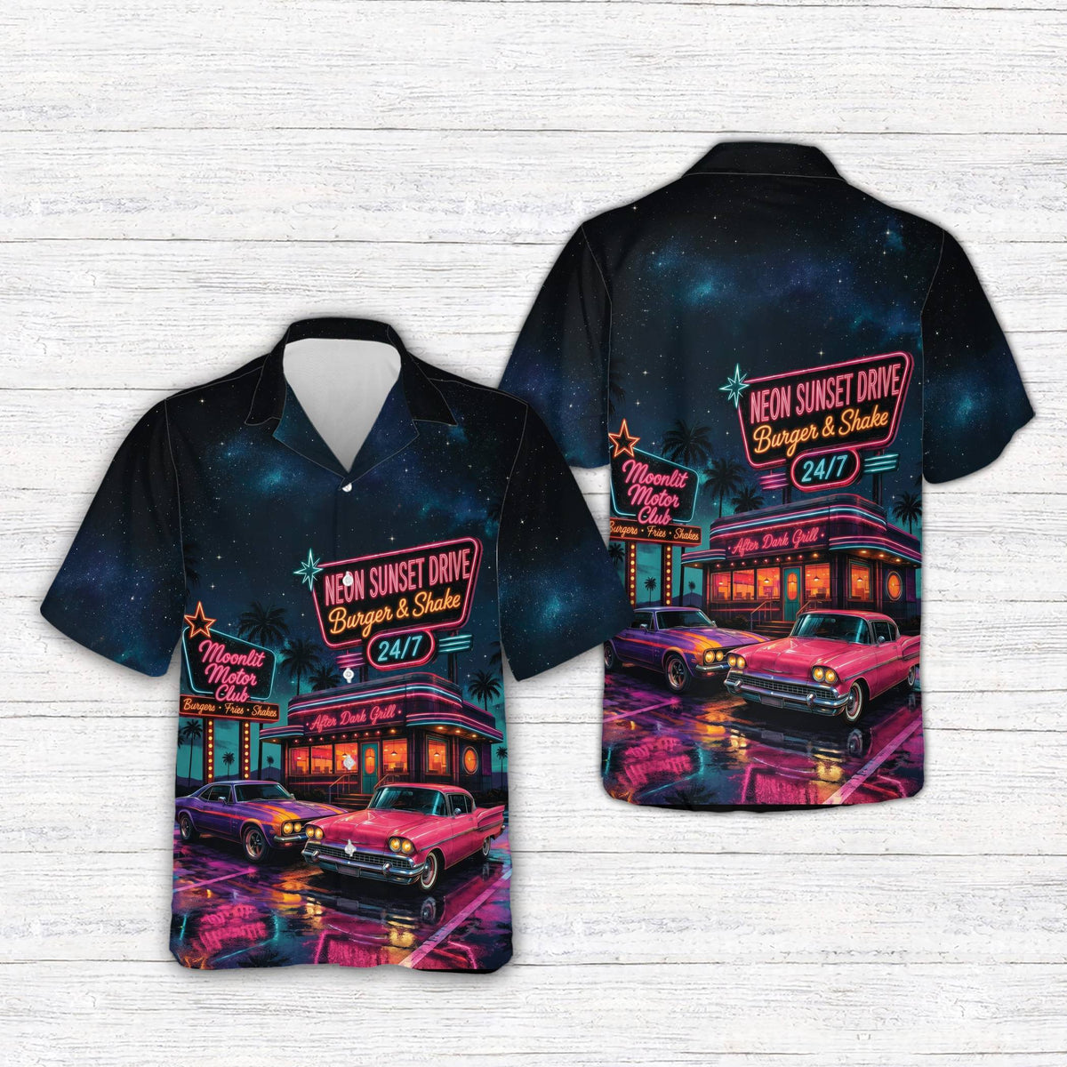Main view of the retro hawaiian shirt with neon diner and classic automobiles design