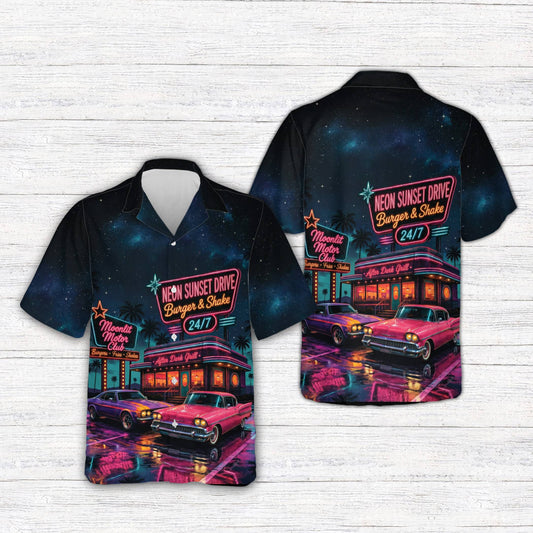 Main view of the retro hawaiian shirt with neon diner and classic automobiles design