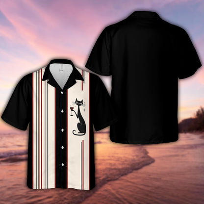 Front view of the retro hawaiian shirt featuring a mid-century black cat and wine glass design