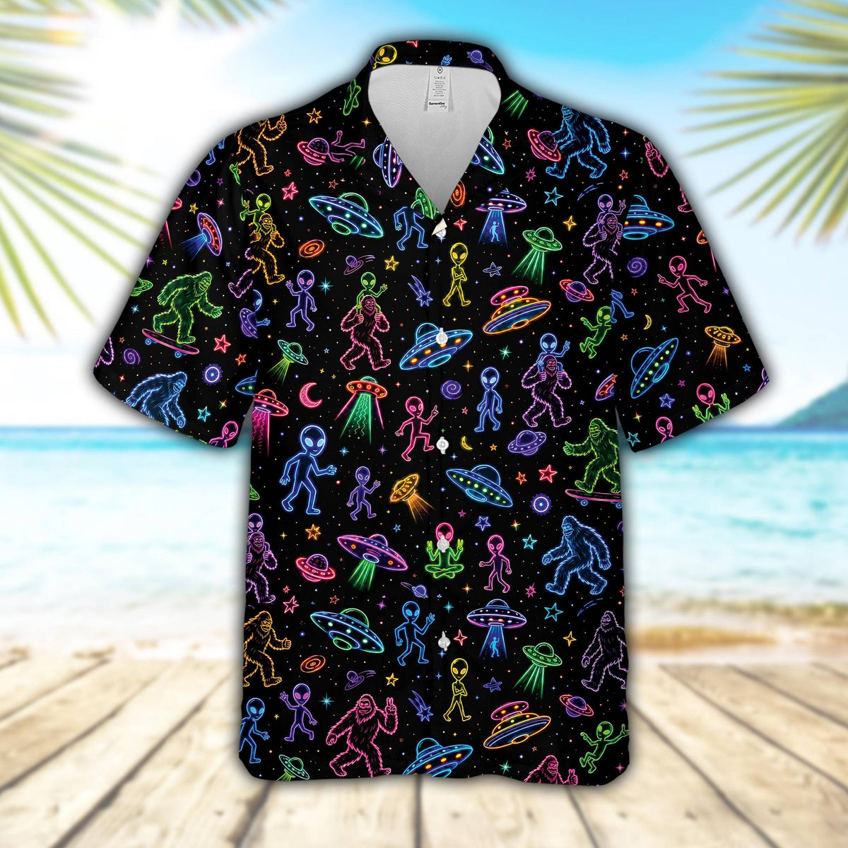 Front view of black retro hawaiian shirt featuring neon UFO and bigfoot design
