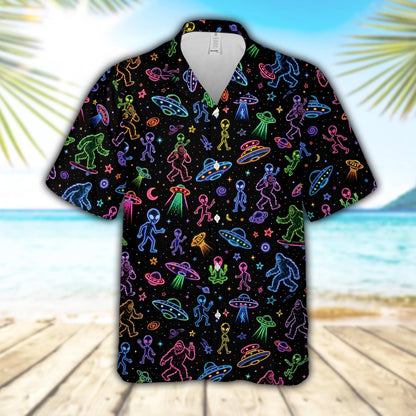 Front view of black retro hawaiian shirt featuring neon UFO and bigfoot design