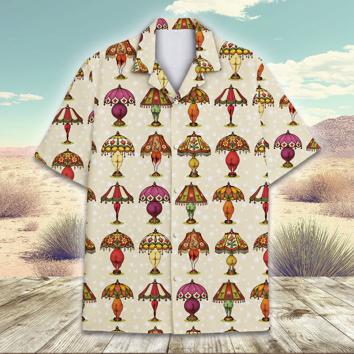 Detailed front view of the matching family hawaiian shirt with leg lamp design