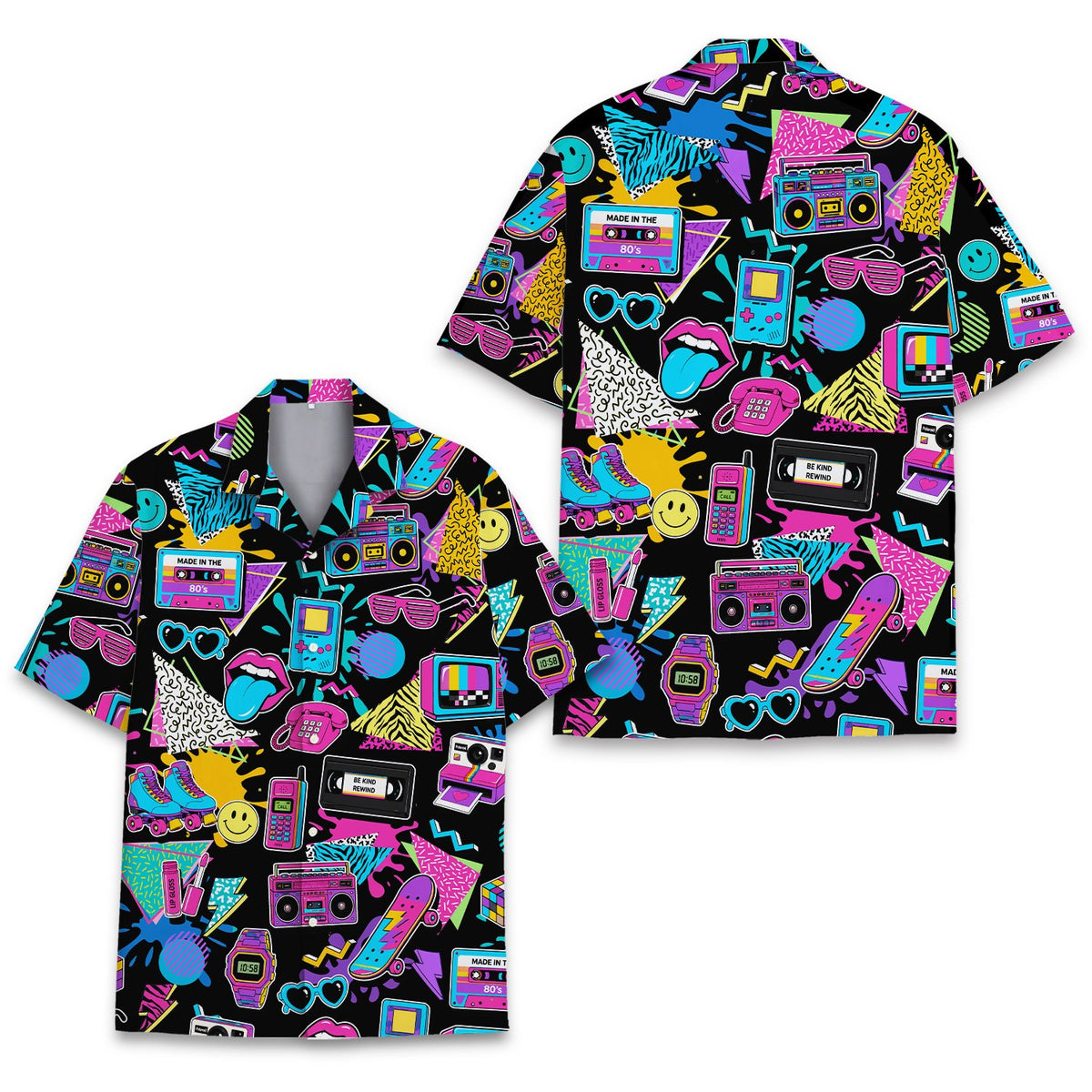 Another front view of the retro hawaiian shirt showing the vibrant neon geometric shapes