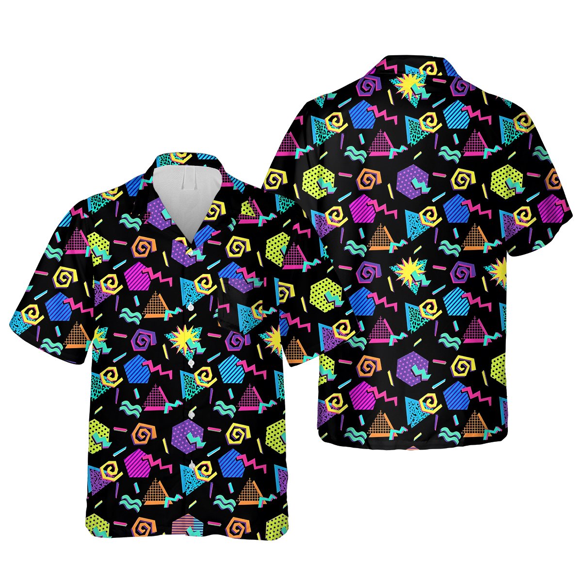 Detailed front view of the geometric retro hawaiian shirt