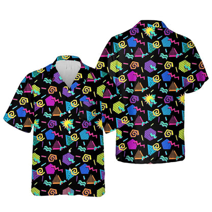 Detailed front view of the geometric retro hawaiian shirt